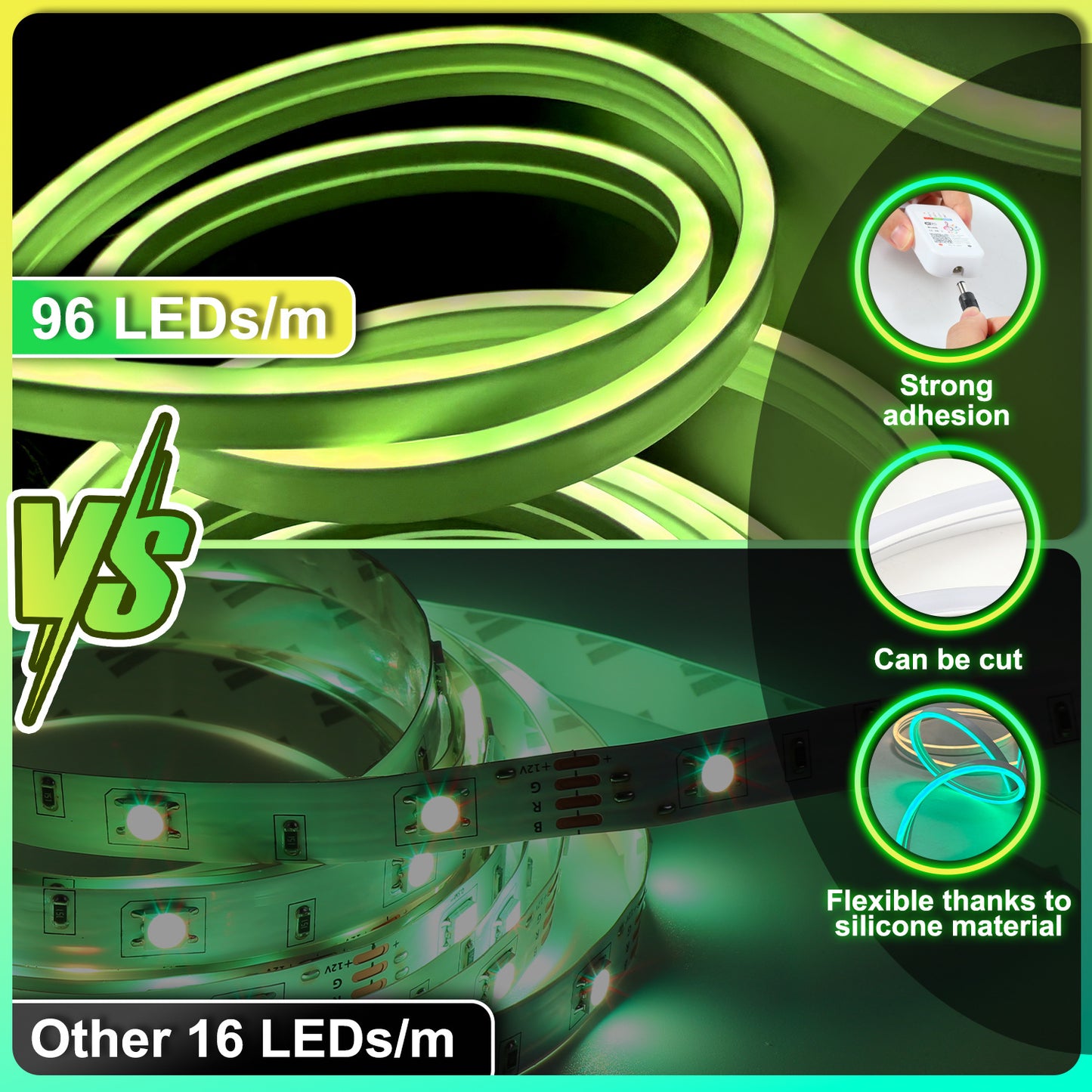 Hebitod LED Strip Neon Strip RGBIC 3m with Remote Control, APP