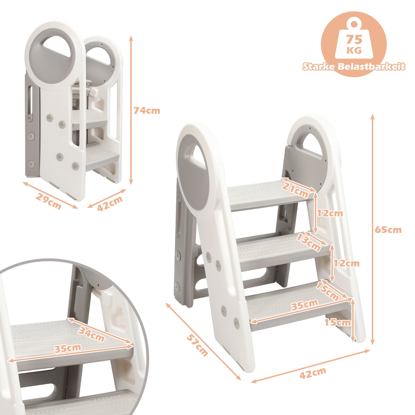 Hebitod Step Stool for Kids 3 Step Adjustable with Handles
