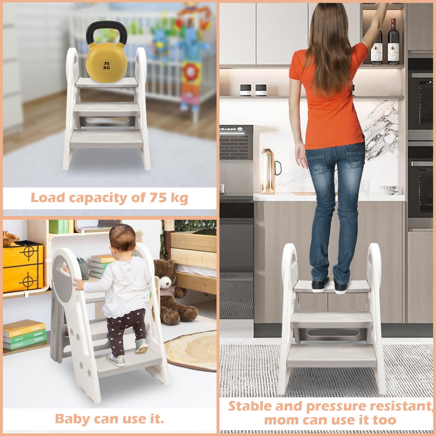 Hebitod Step Stool for Kids 3 Step Adjustable with Handles