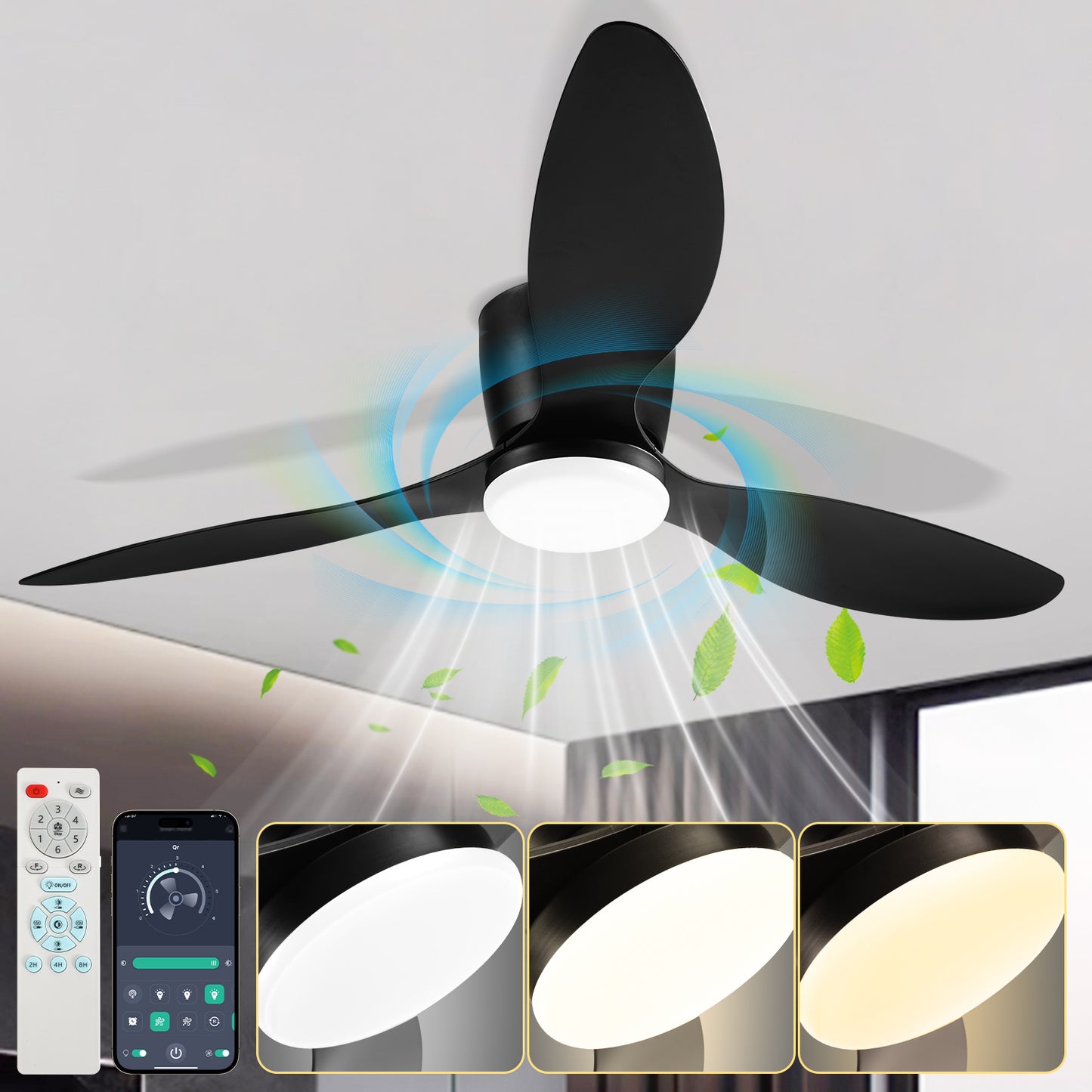 Hebitod Ceiling Fans with Lights Dimmable and Remote Control APP